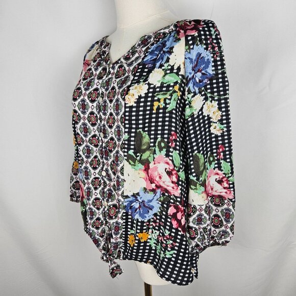 Figueroa & Flower Top Sz PM Floral & Checkered Multi Prints Boho Cottagecore - Picture 2 of 9